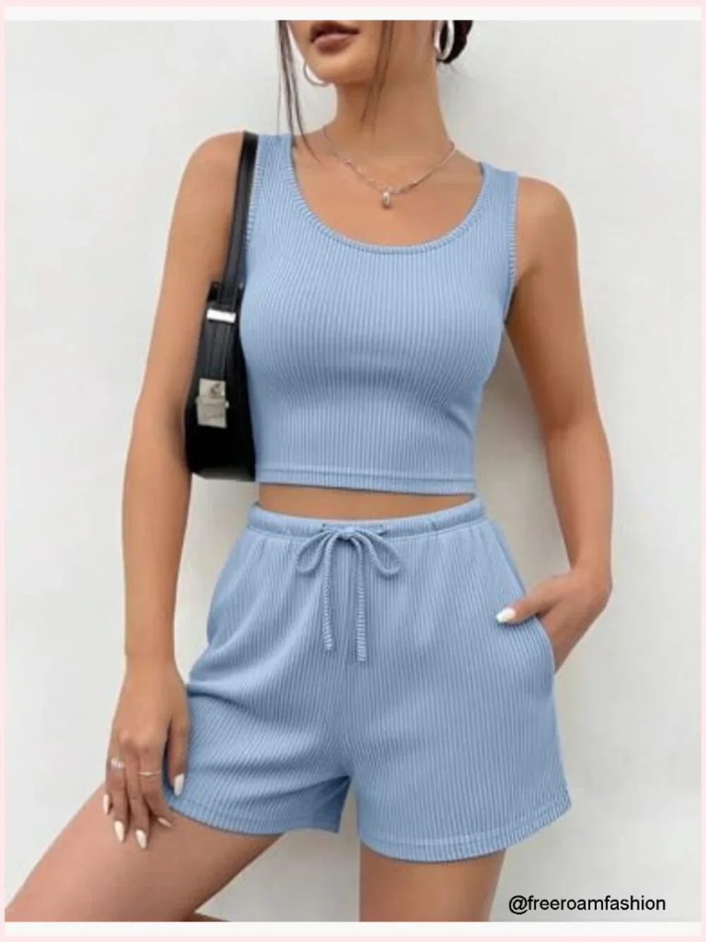 3 Piece Lounge Set Crop Top Shorts & Pants Ribbed Knit Vacation Outfit - Picture 4 of 7